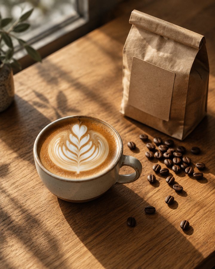 Example post: a flat white with latte art beside a bag of fresh beans